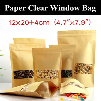 

100pcs 12x20+4cm (4.7"x7.9") 280micron Paper Kraft Window Storage Bag Stand up Paper Clear Window Zip Bag Tea/Candy/Snacks Bag