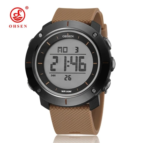 Новинка OHSEN мужские цифровые светодиодный спортивные наручные часы 30 м водонепроницаемые модные коричневые мужские силиконовые армейские часы для дайвинга модные подарки - Цвет: Коричневый