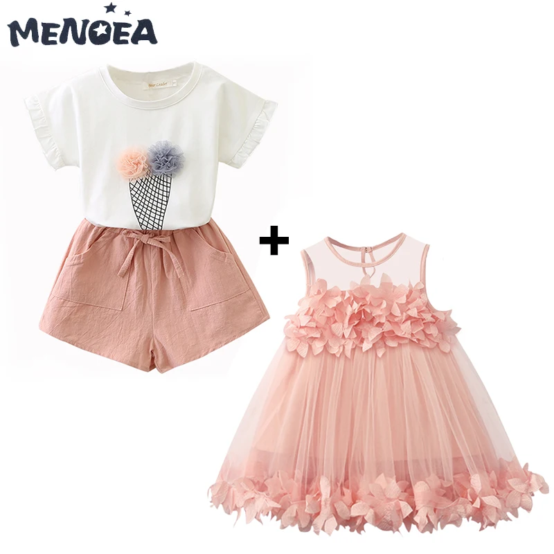 

Menoea Girls Dresses Sweet Applique Princess Dress Cute Wedding Party Ball Gown Dresses + Casual Short Sleeve Ice Cream Clothes