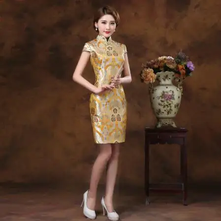 Gold Cheongsam воротник мандарина ручной работы вышитые невесты свадебное платье элегантный благородный Тонкий Cheongsam атласный Восточный тост Qipao - Цвет: Gold