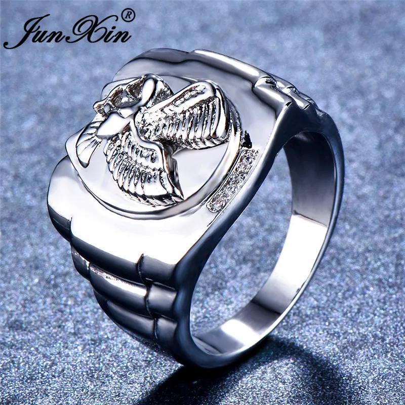 JUNXIN Gorgeous Eagle Rings For Men Women 925 Sterling Silver Filled Male Power Symbol Wide Thumb Finger Ring Inlay Zircon Gift