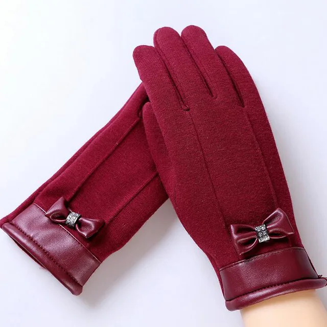 2017 Elegant Plush Female Lace Leather Wrist Bow Tie Gloves Winter Sports Fitness Women Phone Touch Screen Mittens Gloves 13D