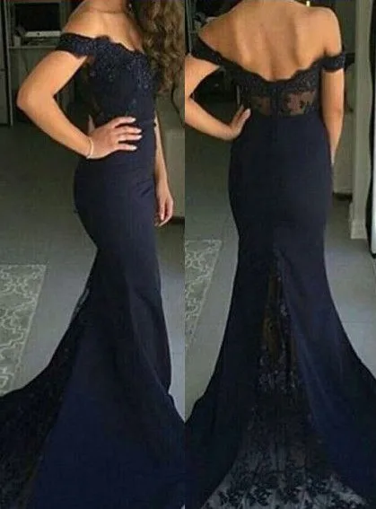 

2017 Robe De Soiree Off Shoulder Evening Dresses Navy Blue Lace Mermaid Long Formal Dress Party Vestido De Festa Longo