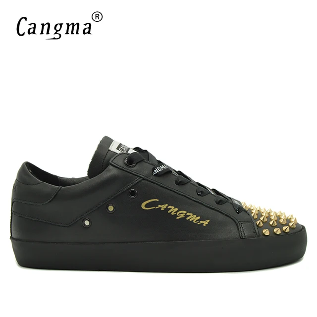 CANGMA Brand Sneakers Shoes Durable Men’s Rivets Lace Up Casual Shoes For Man Black Genuine Leather Flats Male Footwear