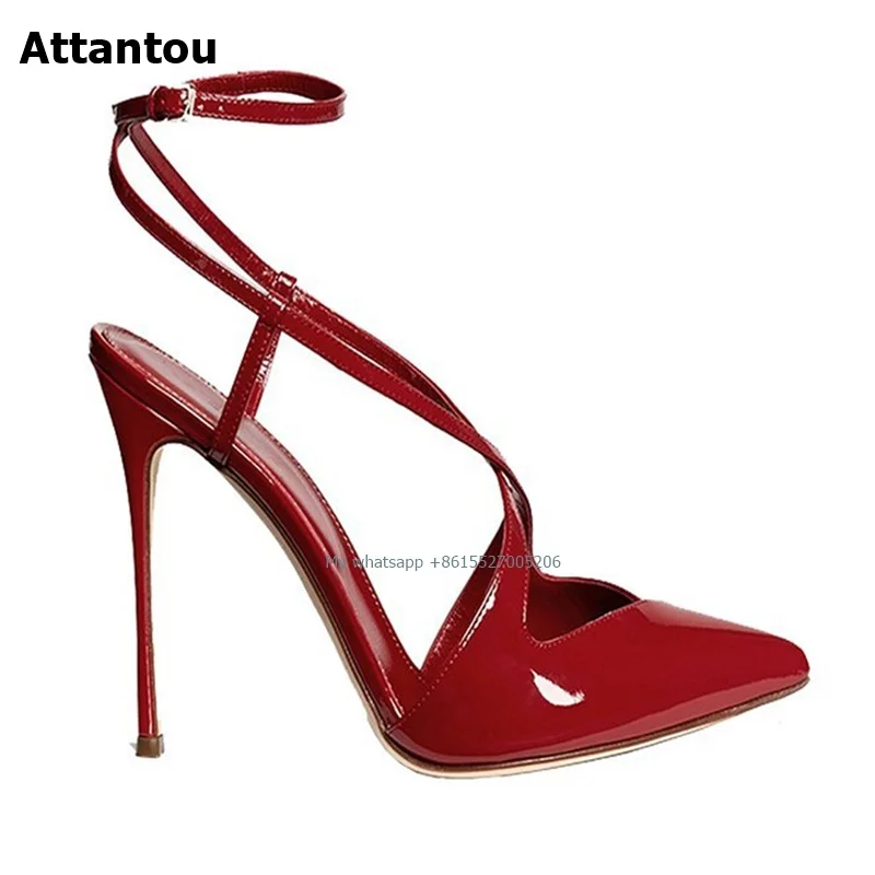 

Sexy High Heels Women's Shoes Pumps Retro Patent Leather Cross Strap Ladies Shoes Pointed Toe Heels Luxury Party Women Shoes