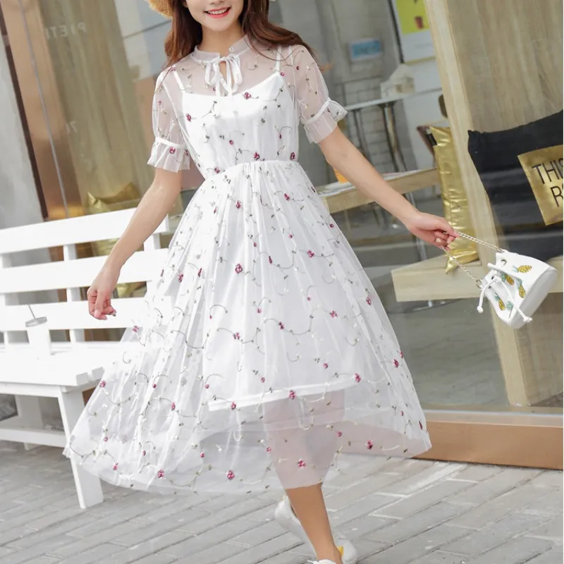 

2018 Elegant Women Summer Sexy Mesh Dresses Art Bud Silk Yarn Long Embroidery Fairy Two-piece Dress