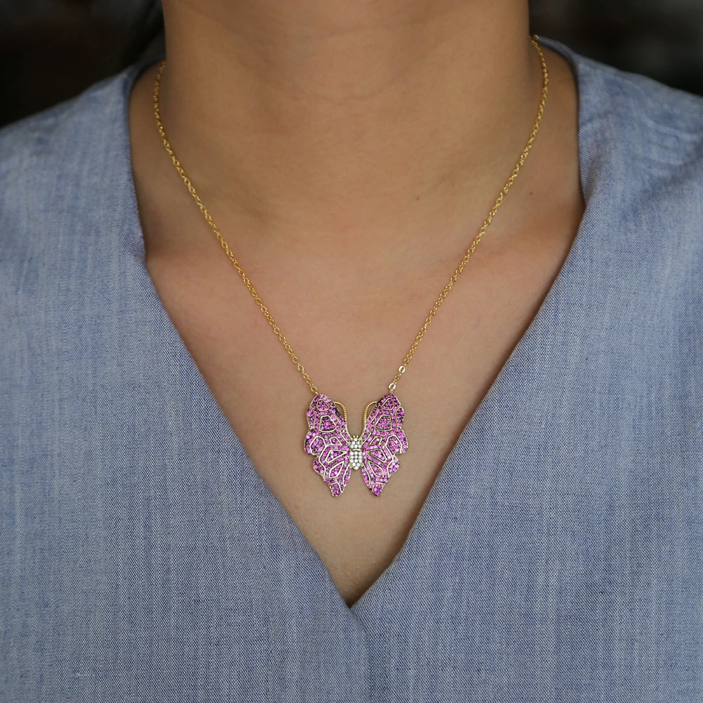 Bohemia style New Fashion Fine Jewelry Dazzling Gold Color Crystal CZ beautiful butterfly Necklaces & Pendants For Women