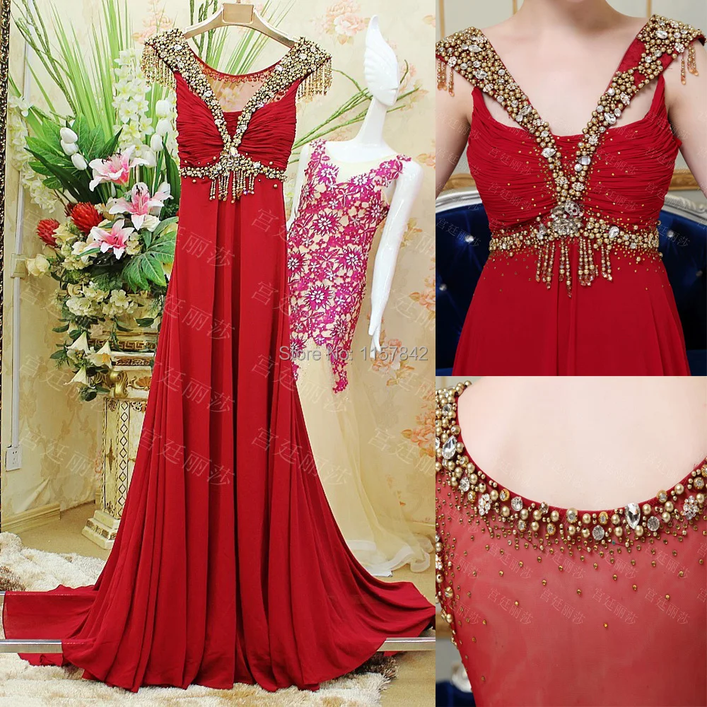 Real Sample A Line Wine Red V Neck Cap Sleeve Beads Empire Crystal 2014 Party Gowns Floor Length Formal Evening Dresses Chiffon | Свадьбы и