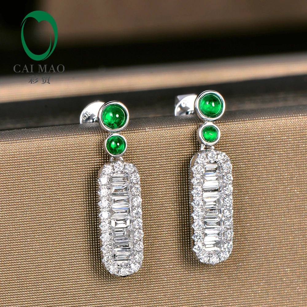 Caimao Exquisite Jewelry Natural Cabochon Cut Emerald Baguette Cut Diamond 14kt White Gold Drop Earrings