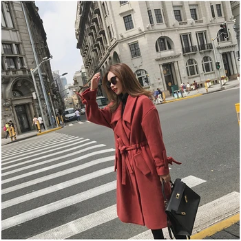 

2020 Winter New Women Korean Loose Straight type Solid color Woolen coat Medium long section Tie Waist Woolen coat Female XY041