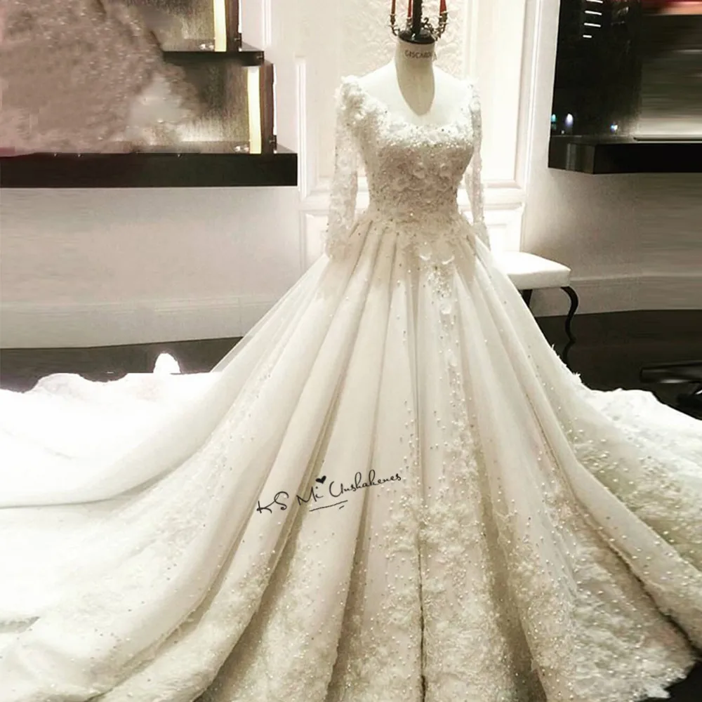 Vestido Branco de Noiva Роскошные свадебные платья принцессы с длинными рукавами кружевные китайские свадебные платья с жемчужинами и цветами 3D свадебное платье Boda