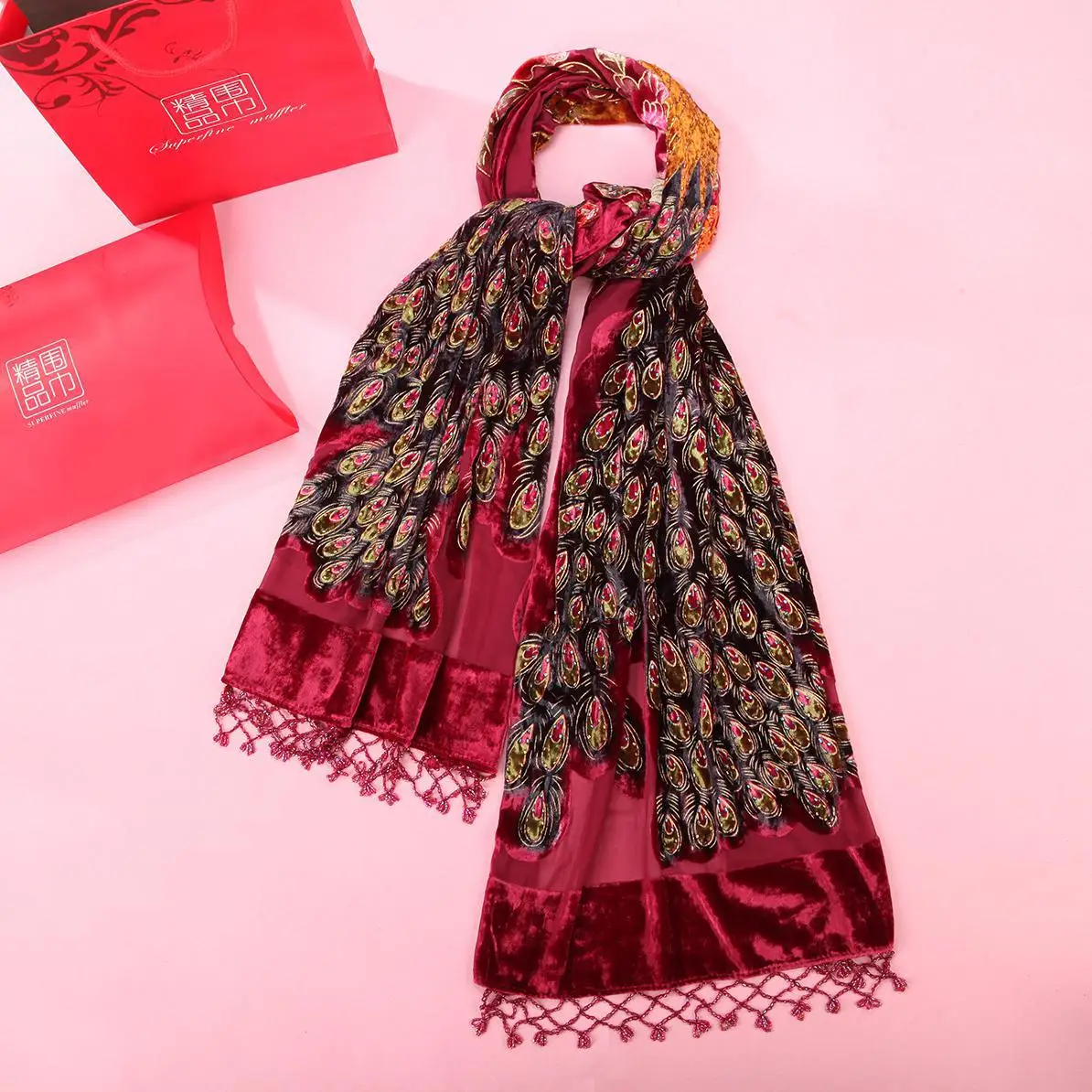 

Burgundy Scarf Luxury Brand Velvet Shawl Cape Hijab Big Size Women's Chal Stole Peacock Beads Mujere Bufanda Shawls Wrap Scarves