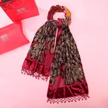 

Burgundy Scarf Luxury Brand Velvet Shawl Cape Hijab Big Size Women's Chal Stole Peacock Beads Mujere Bufanda Shawls Wrap Scarves