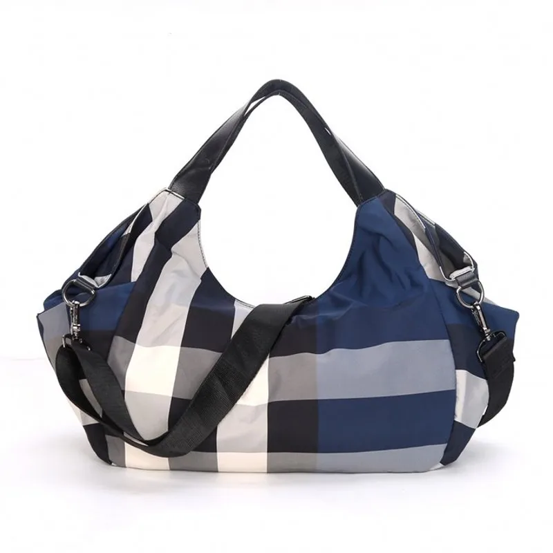 

Grid Shoulder Bag Large Capacity Lightweight Leisure or Travel Bag British style Fashion Women Bag Soft Oxford stripes big Hobos