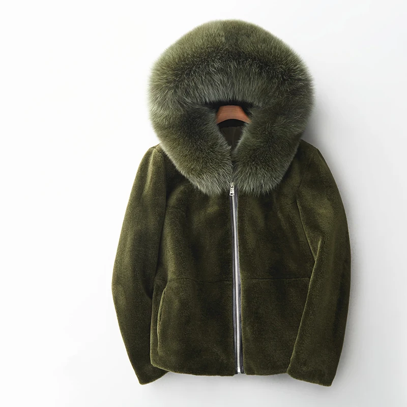 Gours Genuine Shearling Jackets Women Natural Wool Real Fur Overcoats with Fox Fur Hooded Thick Warm In Winter New Arrival 1018