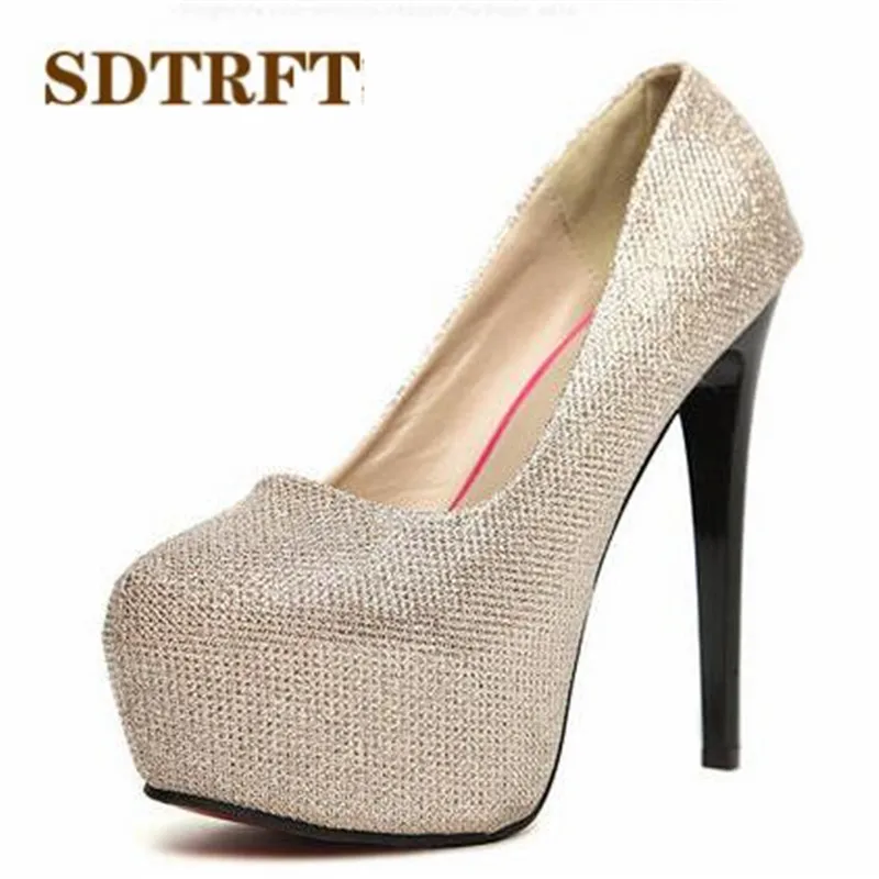 

SDTRFT zapatos mujer Spring New 2018 Round Toe Stilettos 14cm Thin High-Heeled platform shoes woman Sequins Party pumps