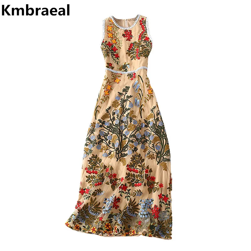 

Runway Designer Women's Summer Floral Embroidery Vintage Mesh Vest Dress Robe Femme Sexy Sleeveless Tank Long Dresses Vestidoes