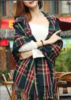 

2014 New Fashion Women's Winter Blanket wraps check Shawl ponchos with hat LVP113 Free shipping