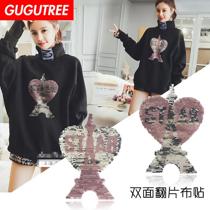 

GUGUTREE embroidery Sequins big love heart patches tower patches badges applique patches for clothing XC-300