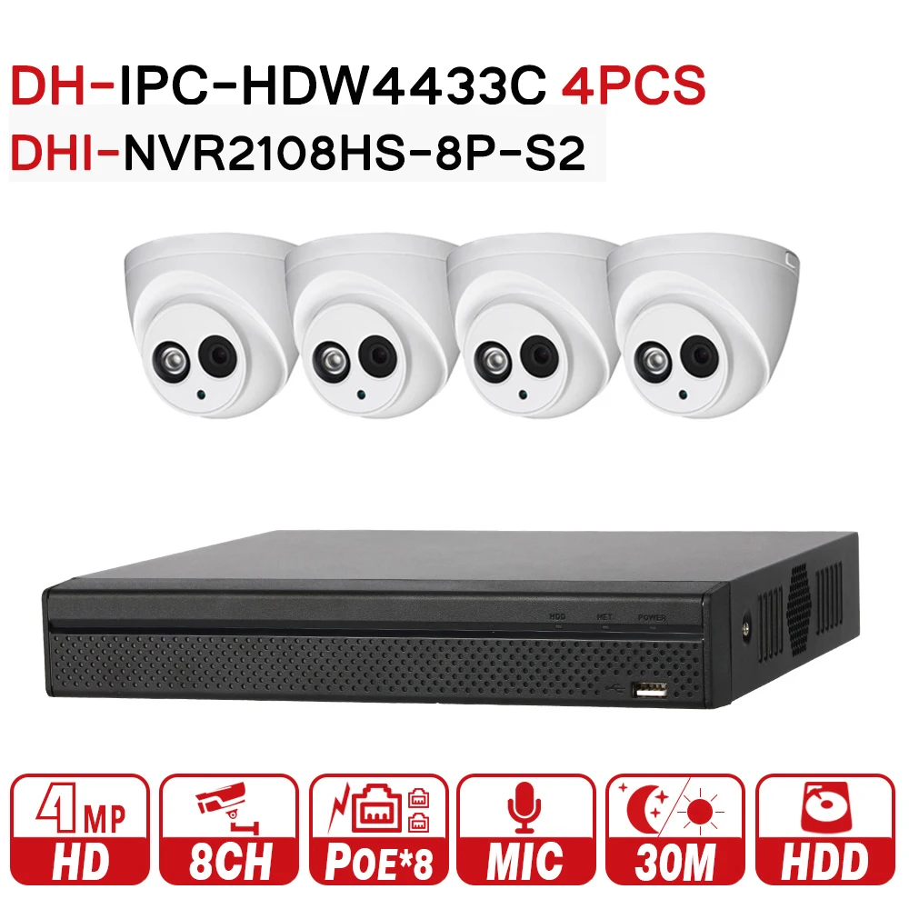 Meilleur DH Caméra de Sécurité Système 4MP IP Caméra IPC HDW4433C A 8POE NVR2108HS 8P S2 Surveillance P2P Système Visualisation À Distance