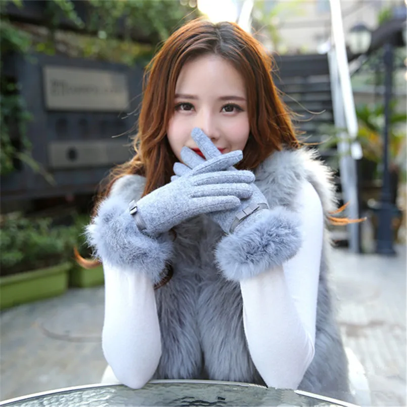 

Double Layer New Ladies Rabbit Fur Touch Screen Gloves With Embroidery Warm Cashmere Winter Gloves Red Gray Kahki Black Pink