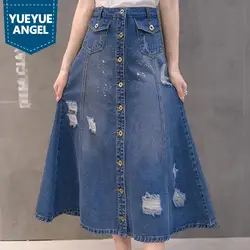 Для женщин модные элегантные элегантный дизайн тонкие длинные юбка-трапеция женский джинсовой Жан сексуальные Saia Falda Однобортный рваные