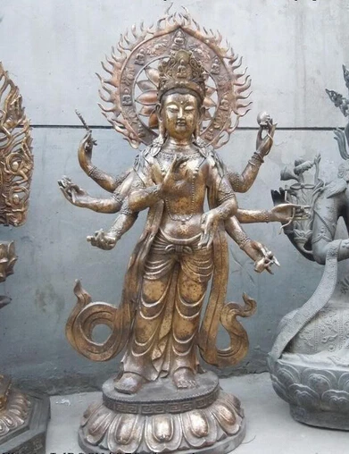 

008038 44" Huge China Tibet bronze gild carved eight Hands buddha statues