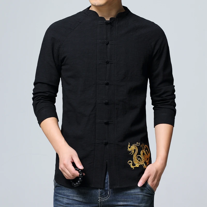 Chinese Style Retro Pure Color Embroidered Men's Long Sleeve Shirts S M