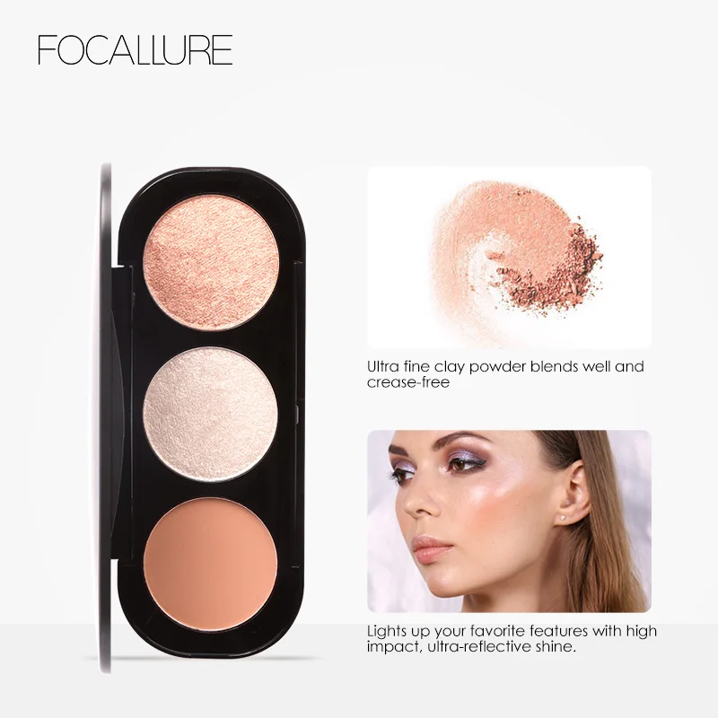 

FOCALLURE Top Quality Professional 3 Colors Highlighter Palette Face Matte Powder Blush Powder Cosmetics Makeup Beauty Blusher