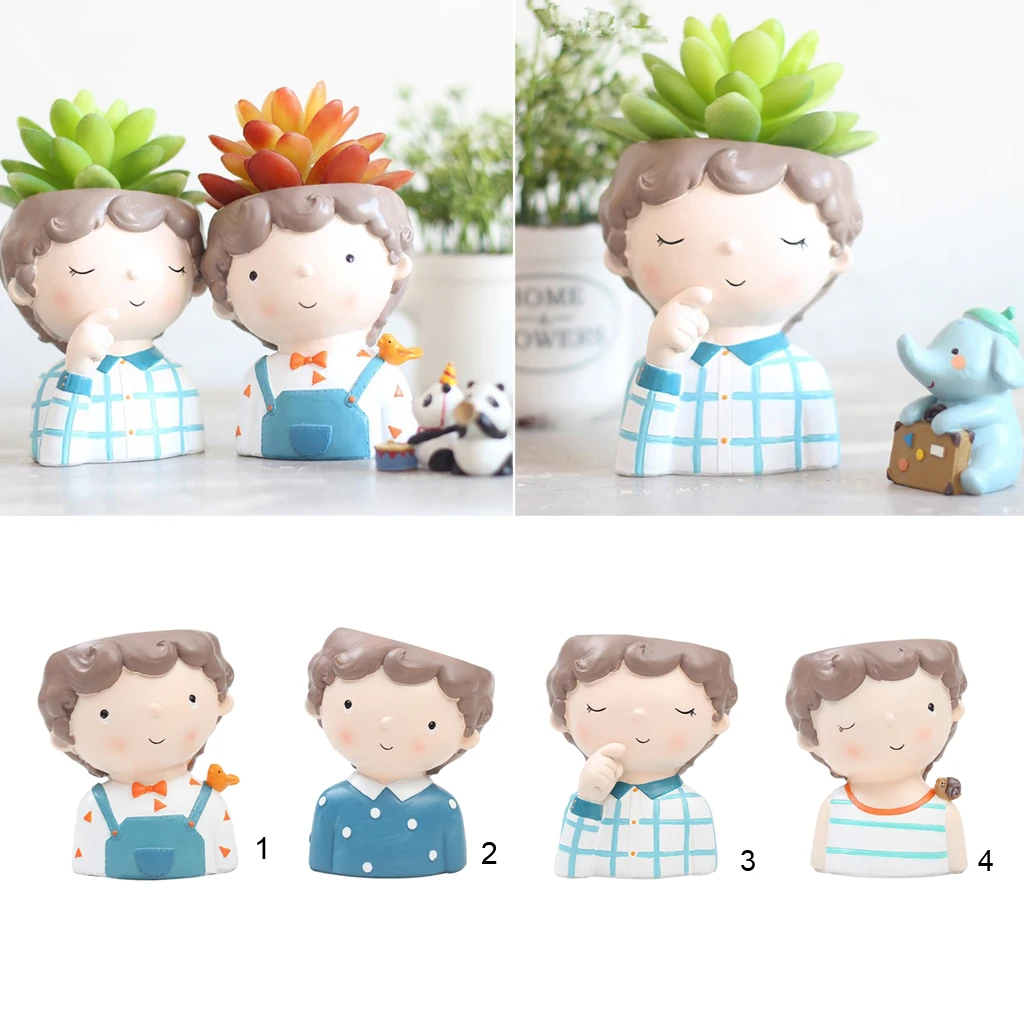 4PCS/SET Cute Boy Flower Resin Succulent Cactus Pot Table Tabletop Decor