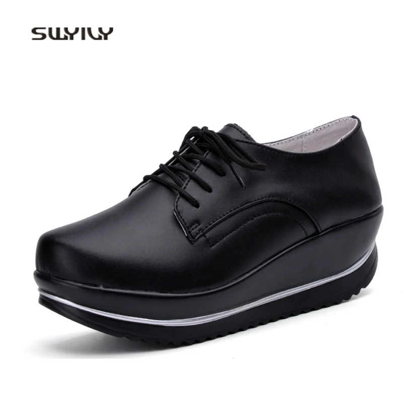 SWYIVY Women Toning Shoes Genuine Leather Large Size44 Swing Shoes 2018 New Solid Color Thick-sole Female Slimming Shoes