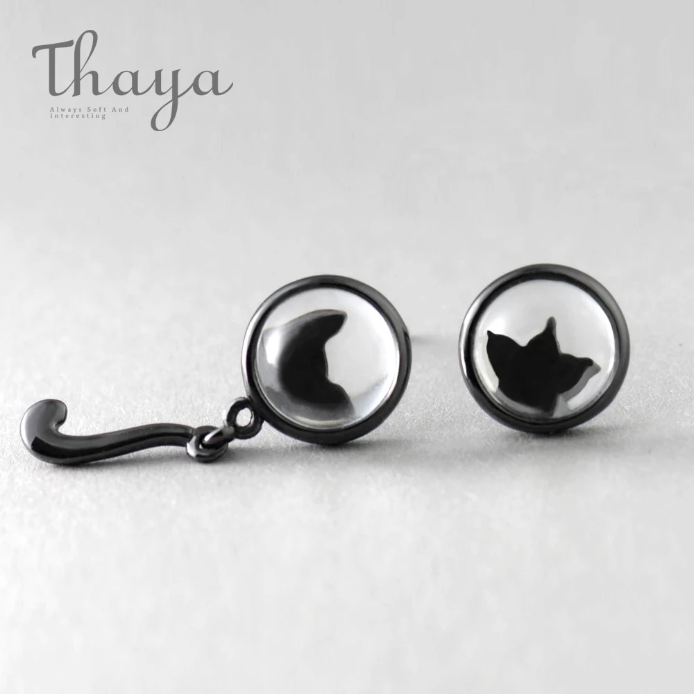 Серьги-пусеты Thaya с кристаллами для кошек s925 серебряные ассиметричные черные