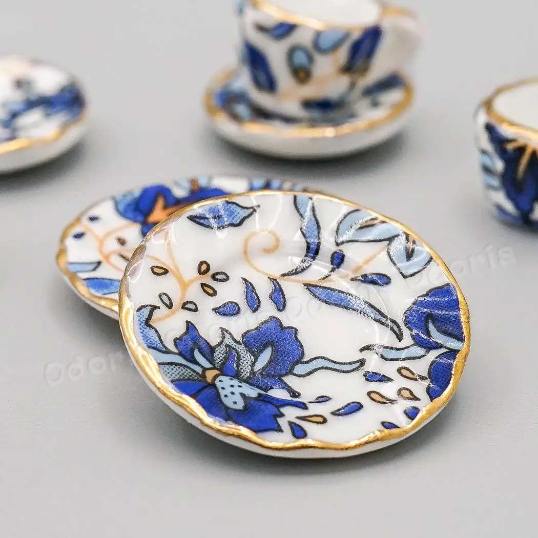 Odoria 1:12 Miniature 16PCS Blue Flower Patten Porcelain Tea Cups Ceramic Teapot Kitchen Set Dollhouse Accessories Decor