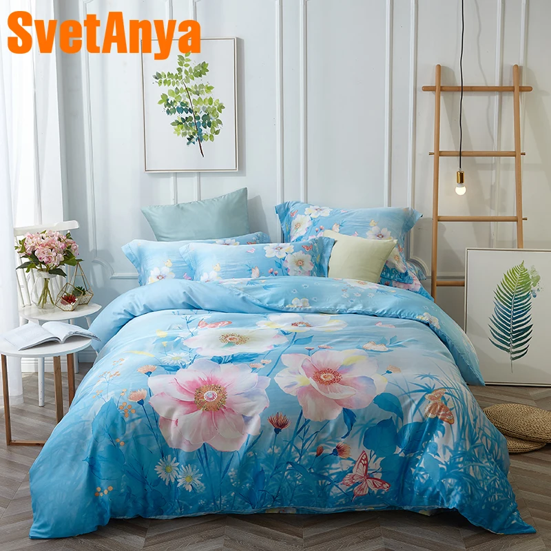 

Svetanya Soft Artificial Silk Bedsheet Pillowcase Quilt Cover Sets Bedding Set Queen Double King Size Bedclothes Begonia Flower