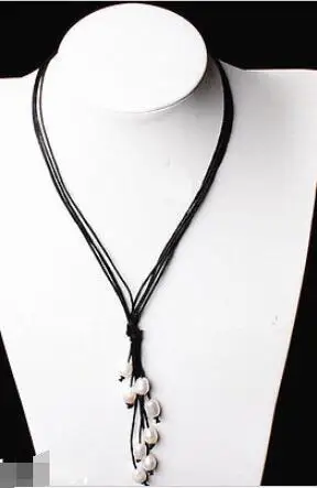 

Free shipping Fashion Black brown Leather Rope 9-10mm White Pink Freshwater Pearl Necklace