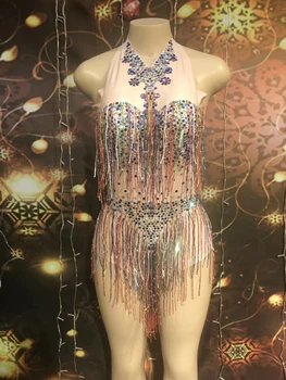 

Sparkly Crystals Stretch Fringes Bodysuit Women's Party Evening Celebrate Tassel Costume Outfit Singer Dance Stage Show Wear DJ