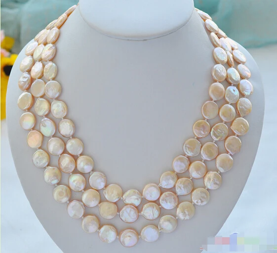 

P3906 3row 14mm pink coin Freshwater cultured pearl necklace ^^^@^Noble style Natural Fine jewe SHIPPING (C0309)