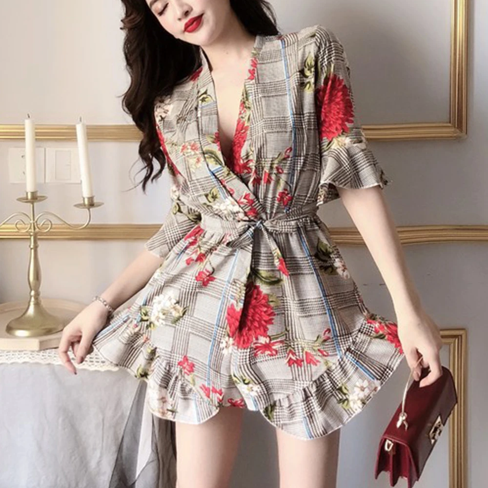 FTGSDLONG Summer Bohemian Rompers Women Casual Floral Printed Jumpsuit Ladies Ruffles Sexy V Neck Beach Playsuit Plaid Jumpsuits FTGSDLONG Summer Bohemian Rompers Women Casual Floral Printed Jumpsuit Ladies Ruffles Sexy V Neck Beach Playsuit Plaid Jumpsuits