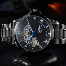 Nuevo ganador hombres mecánicos automáticos de relojes romano Dial negro correa de acero inoxidable para hombre eólicos mano reloj Relogio Masculino