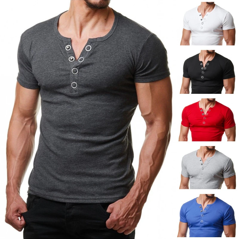 Mens Casual Summer Classic Button Henley Shirt Short Sleeve V Neck SlimT-shirt