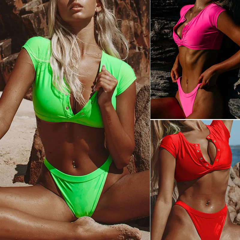 Bikini 2019 Mujer Swimsuit Bathing Suit Button Swimwear Beachwear for Women Solid Thong Push Up Two Piece | Спорт и развлечения