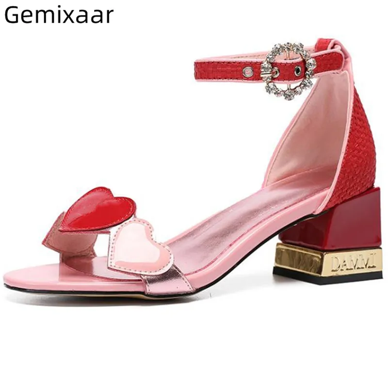 

One Strap Decor Heart Sandals Shoes Women Round Toe Cover Heel Footwear Comfy Insole Chic Pink Yellow Square Heel Woman Sandals