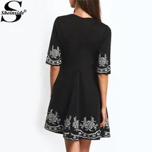 Sheinside A-line Boho Dresses Summer Style Vintage Women 2016 New Arrival Ladies Black Half Sleeve Embroidered Flare Dress