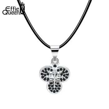 

Effie Queen Cute Flower Pendant Women Necklaces Cross Pattern With Black Stone AAA CZ Real Leather Rope Chain Jewelry DN186