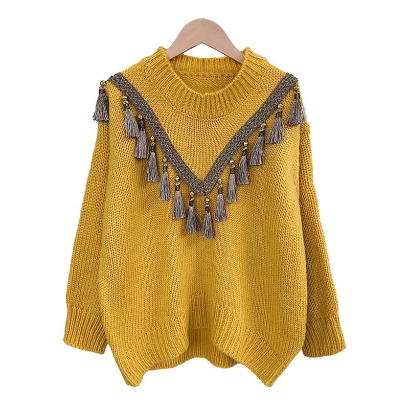 H.SA 2018 Autumn Tassels Knitted Pullover Sweater Women Chis Streetwear
