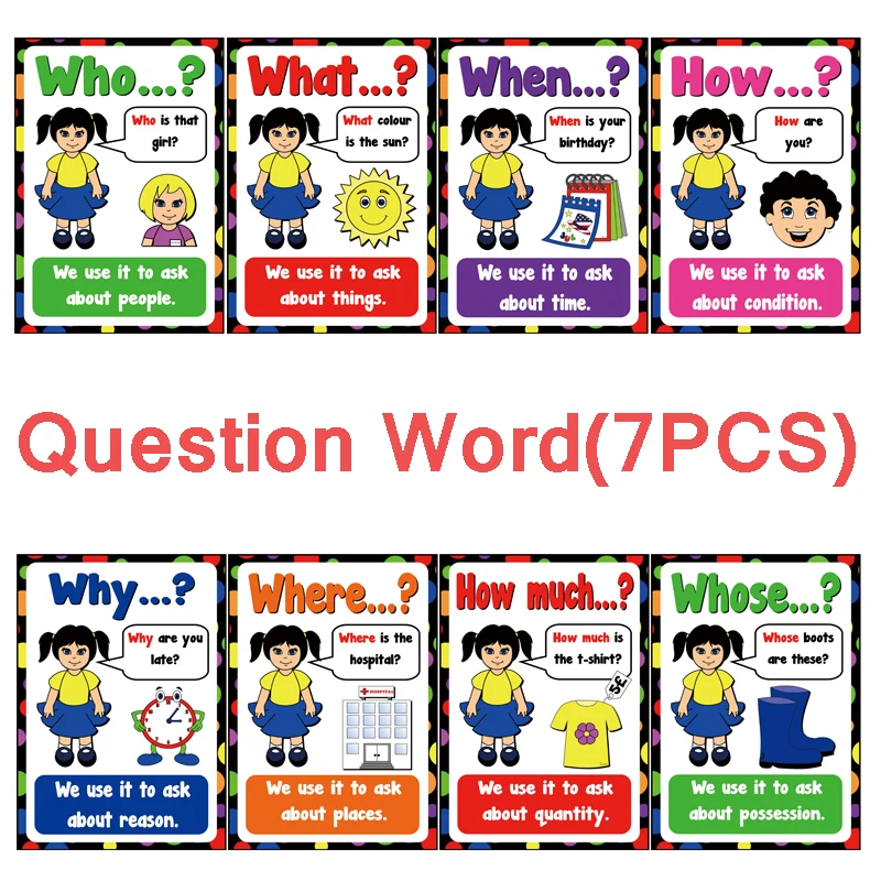 

7Pcs/Set Question Words Flash Card for Children English Education Cognition Card Learning Toys Juguetes Didacticos Para Ninos