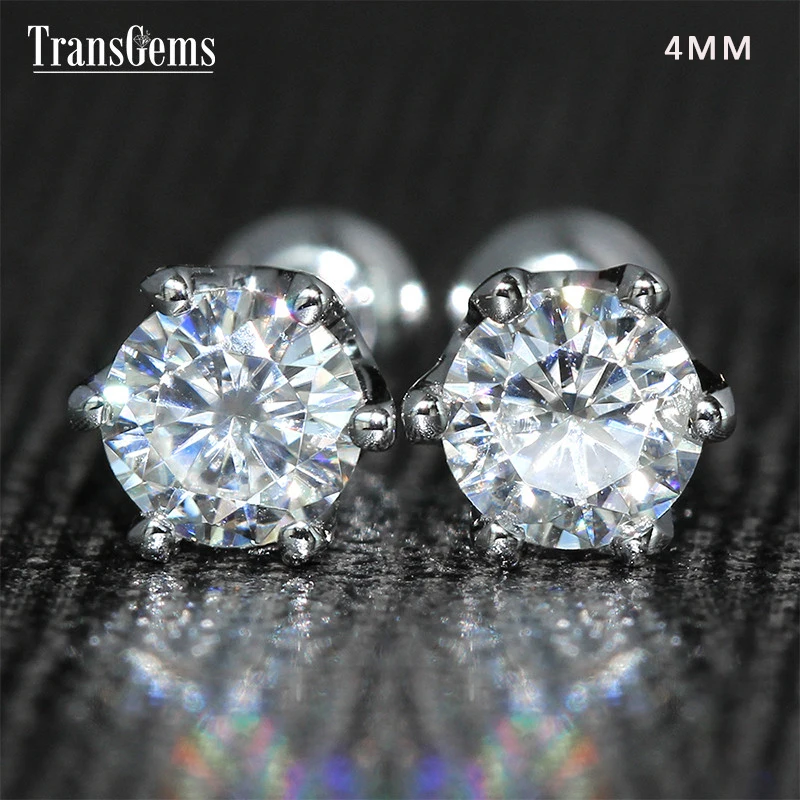 Женские серьги гвоздики из белого золота с муассанитом 585 CTW 4 мм|stud earrings|earring studs