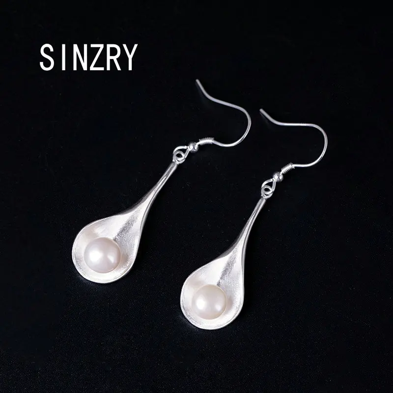 

Sinzry 925 Sterling Silver 8mm natural pearl calla lily drop Earrings elegant creative lady fine earrings jewelry gift