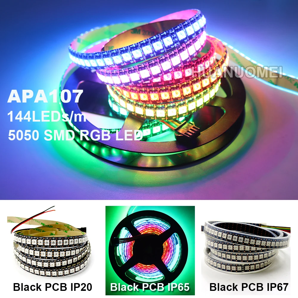 1 м/2 м/5 м APA107 Светодиодные ленты RGB пикселей Лента светильник, 5V 5050 SMD адресуемых Smart 30/60/72/144 светодиодный s/m, белый/черный печатных плат, IP20/IP65/IP67