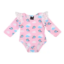 2017 новорожденных для маленьких девочек Одежда для младенцев с длинным рукавом боди очаровательны птица шаблон печати Кружево цельный